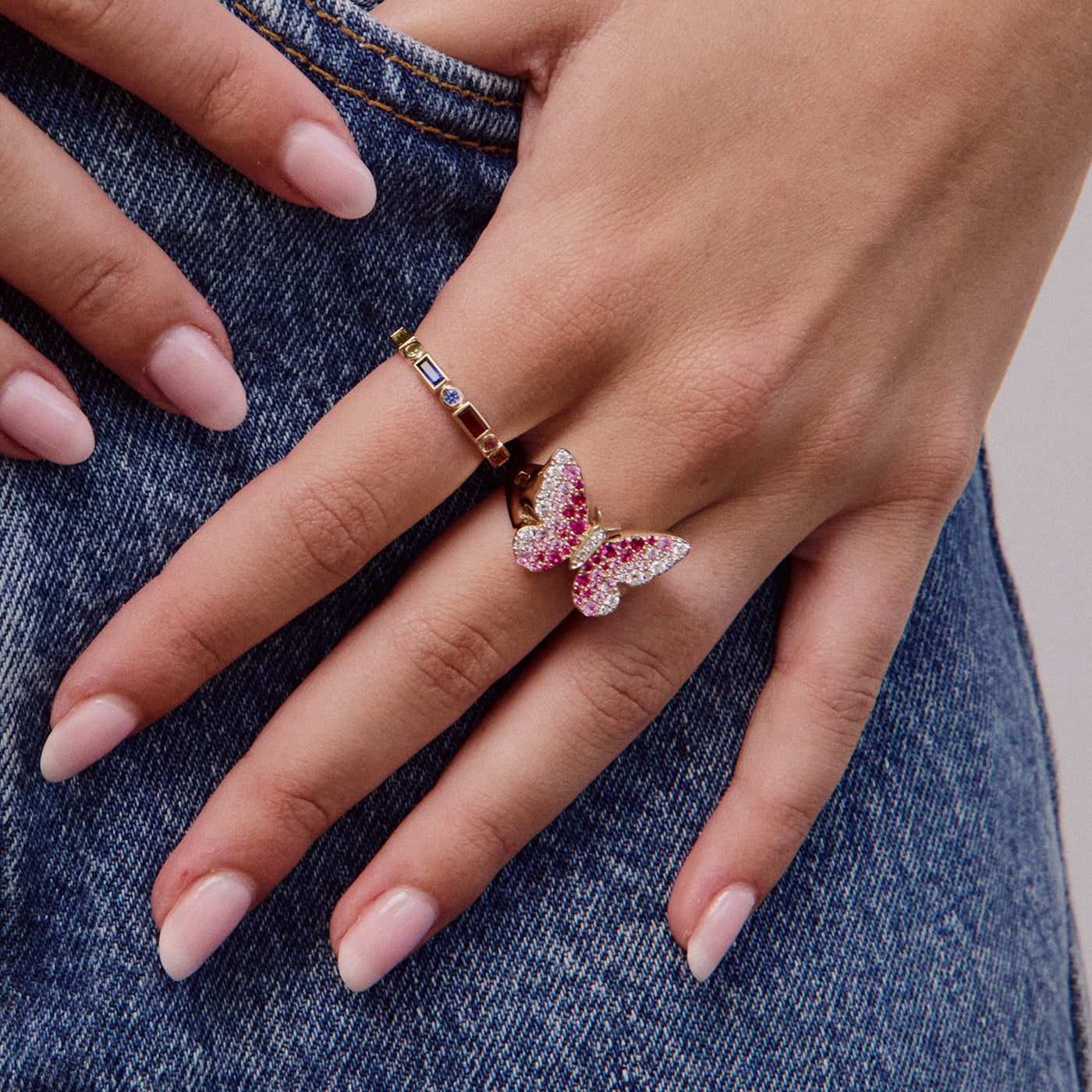 Pink and Diamond Ombré Butterfly Signet Ring
