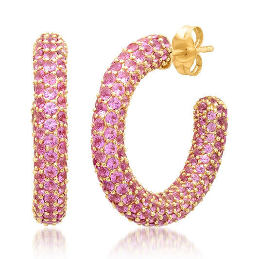 14K Yellow Gold Pink Sapphire Party Hoops