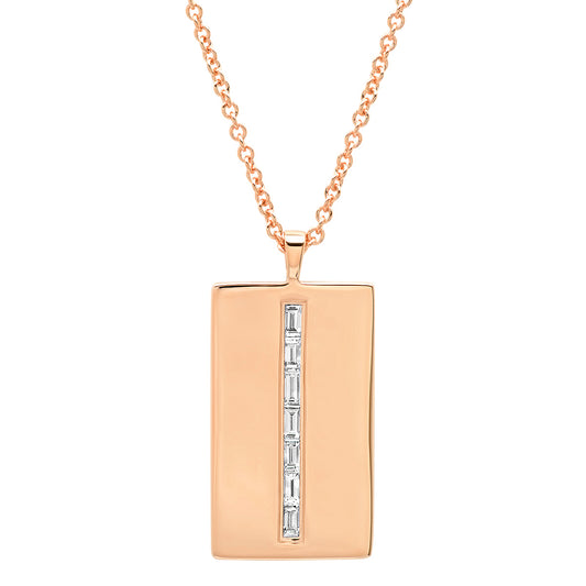 14K Rose Gold Diamond Baguette Dog Tag Necklace