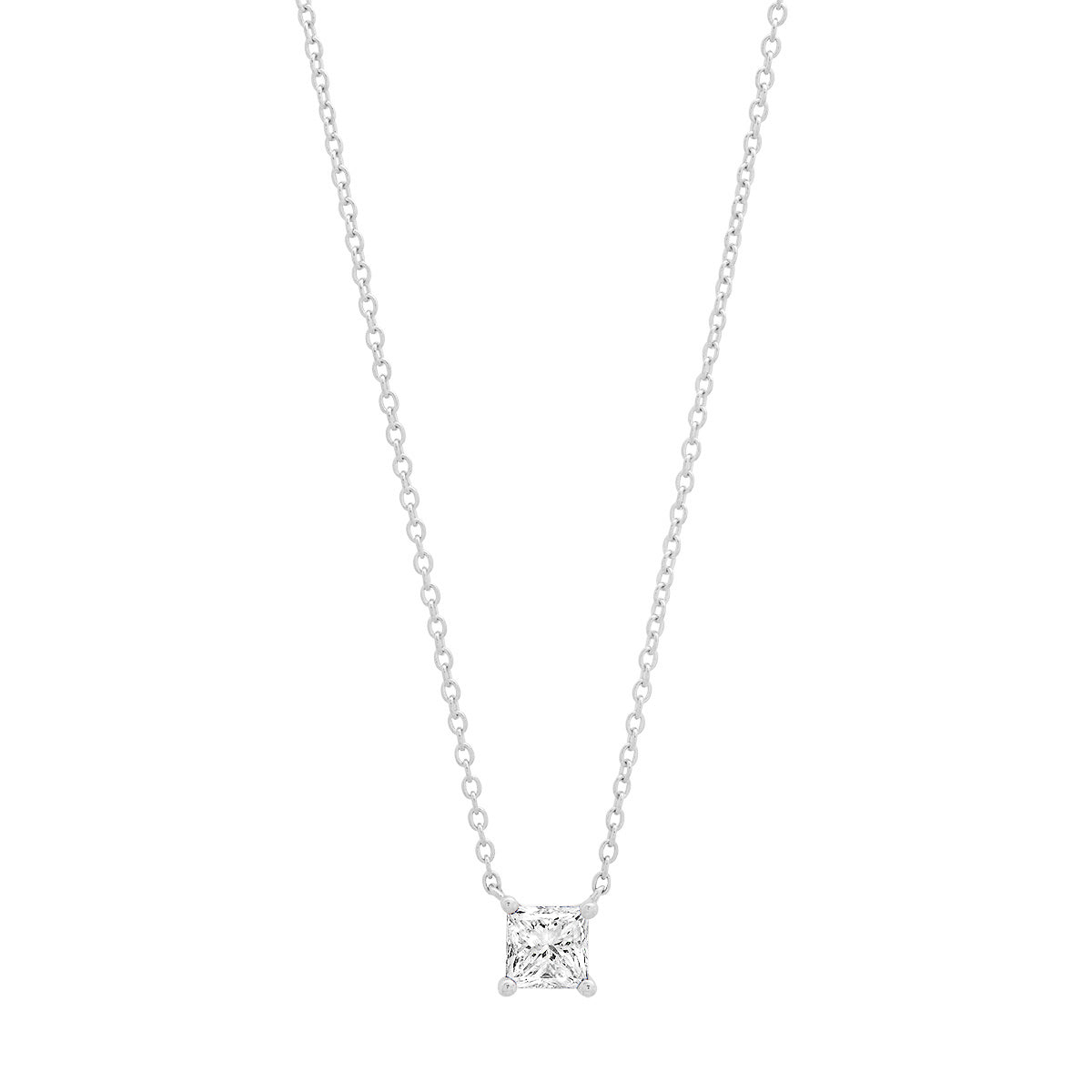 14K White Gold Diamond Square Solitaire Necklace