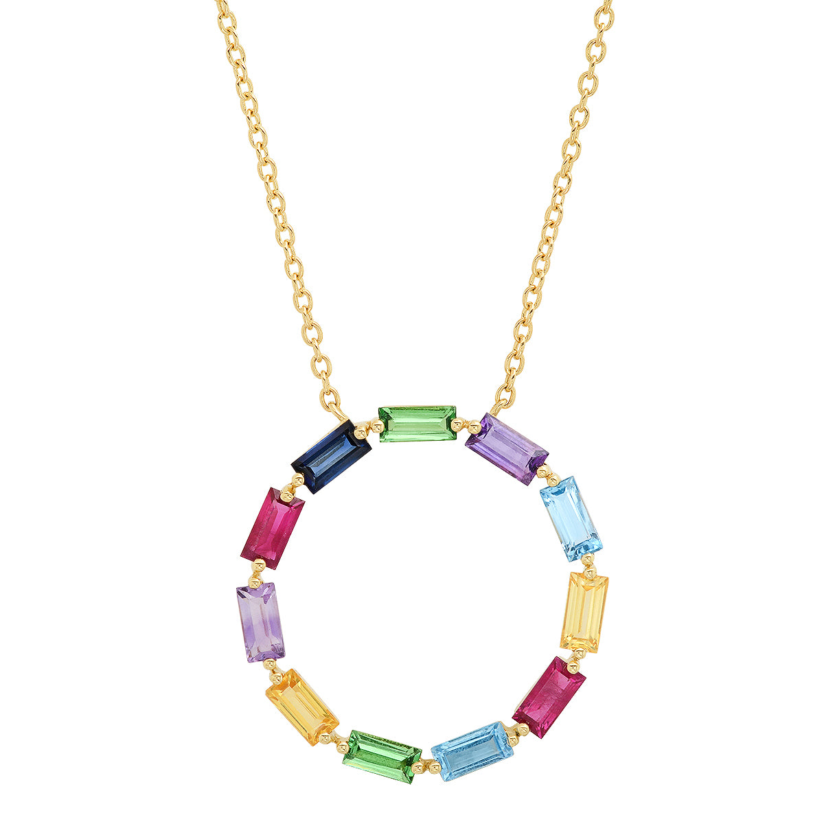 14K Yellow Gold Multi Colored Baguette Circle Necklace