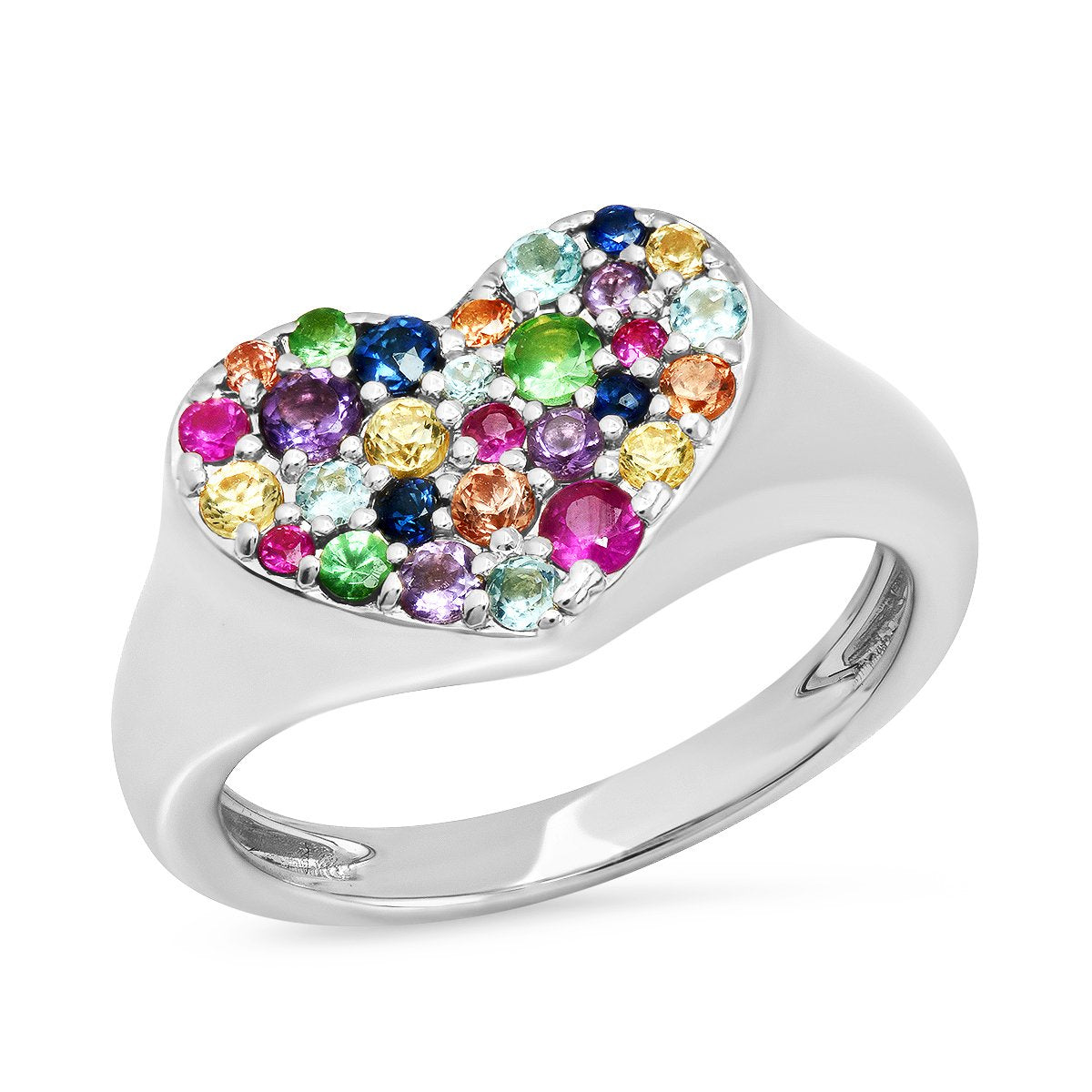 14K White Gold Multi Colored Smushed  Heart Pinky Ring