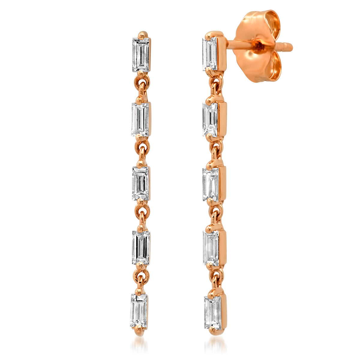 14K Rose Gold Diamond Baguette Strand Earrings