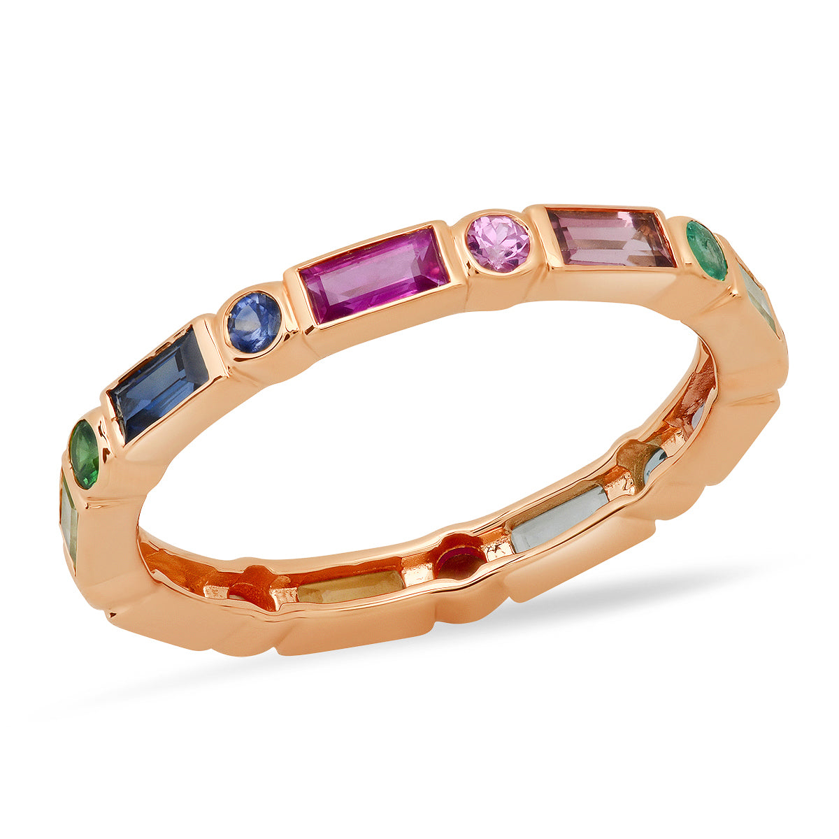 14K Rose Gold Bezel Set Round and Baguette Rainbow Ring