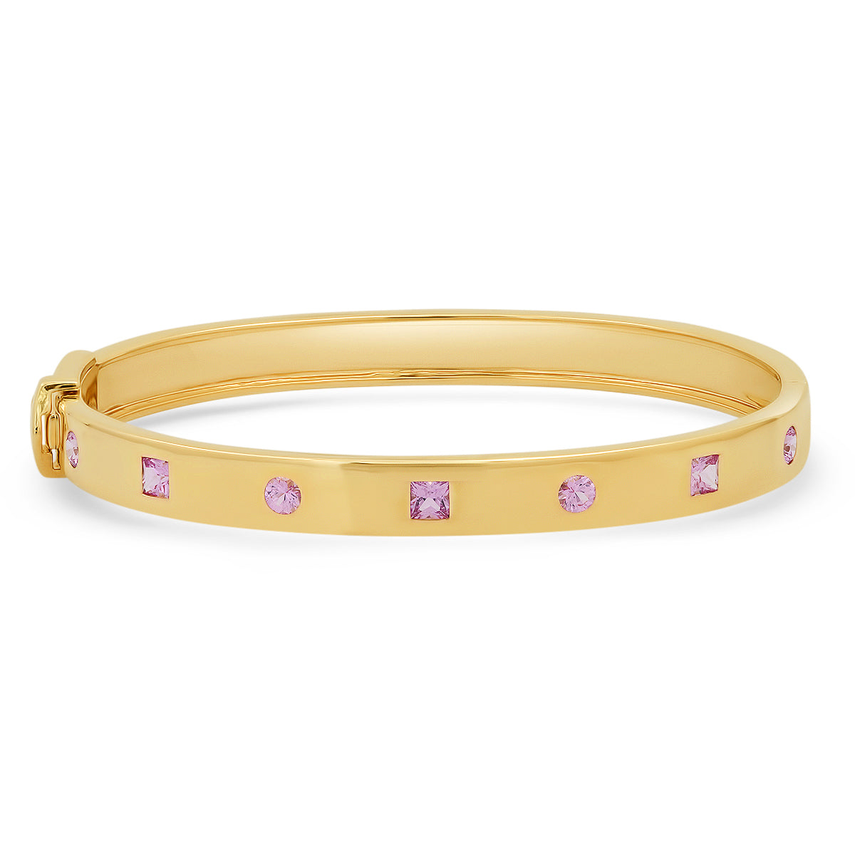 14K Yellow Gold Pink Sapphire Princess Cut and Round Bangle