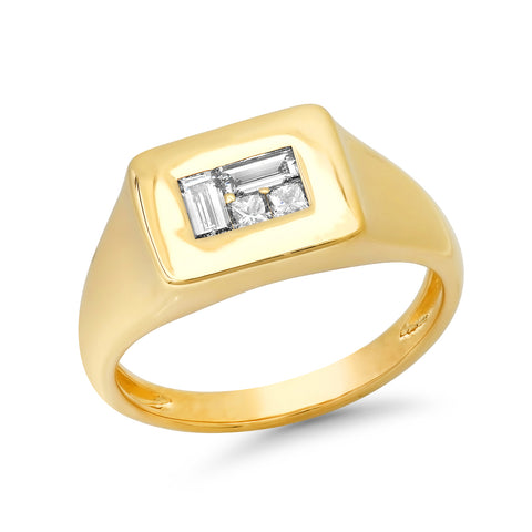 14K Yellow Gold Diamond Multi Cut Illusion Signet Ring 
