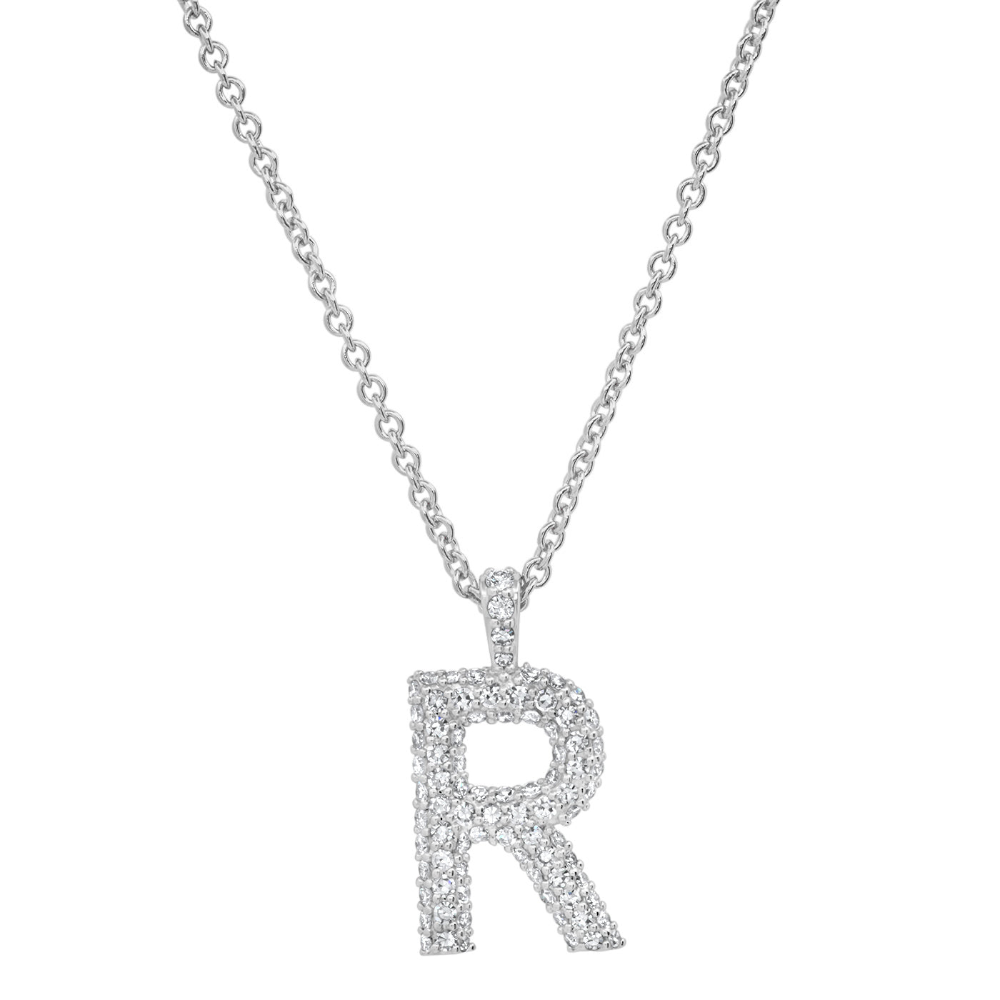 14K White Gold Diamond Puffy Initial Necklace