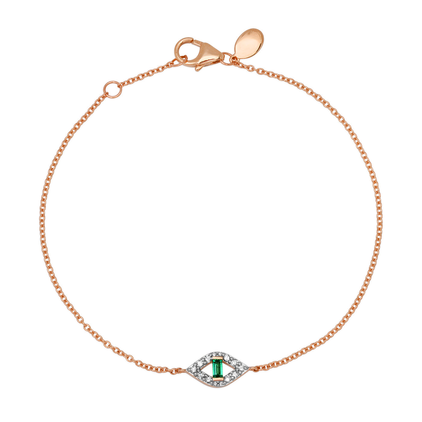 14K Rose Gold Pave Diamond and Emerald Baguette Evil Eye Bracelet