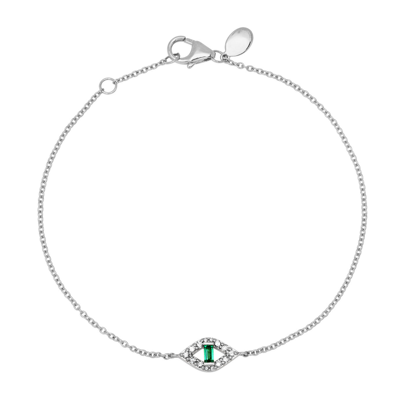 14K White Gold Pave Diamond and Emerald Baguette Evil Eye Bracelet