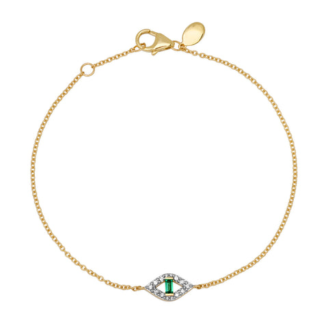 14K Yellow Gold Pave Diamond and Emerald Baguette Evil Eye Bracelet
