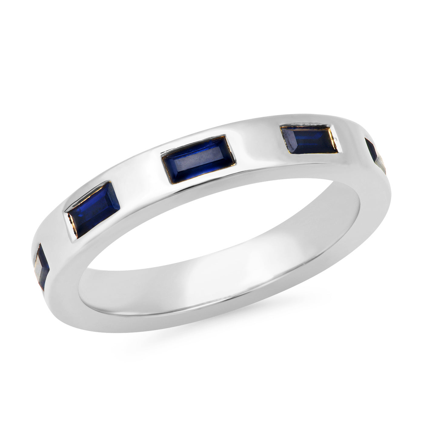 14K White Gold Stationary Blue Sapphire Baguette Ring