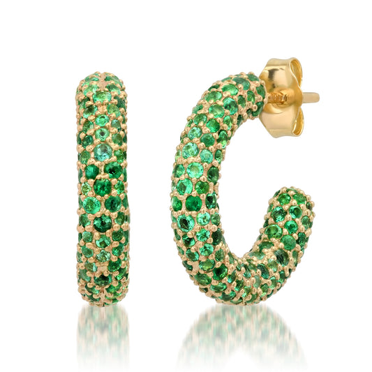 14K Yellow Gold Mini Emerald Party Hoops