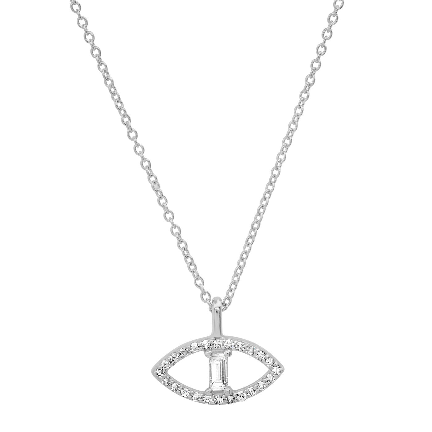 14K White Gold Pave Diamond and Baguette Evil Eye Necklace