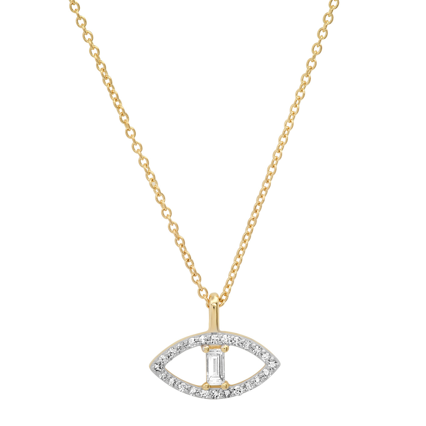 14K Yellow Gold Pave Diamond and Baguette Evil Eye Necklace
