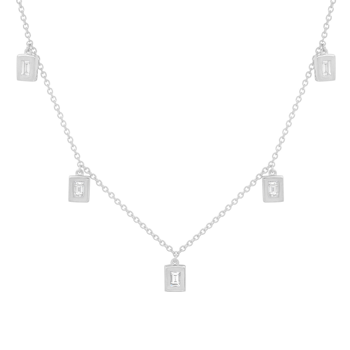 14K White Gold Diamond Baguette Drop Necklace 