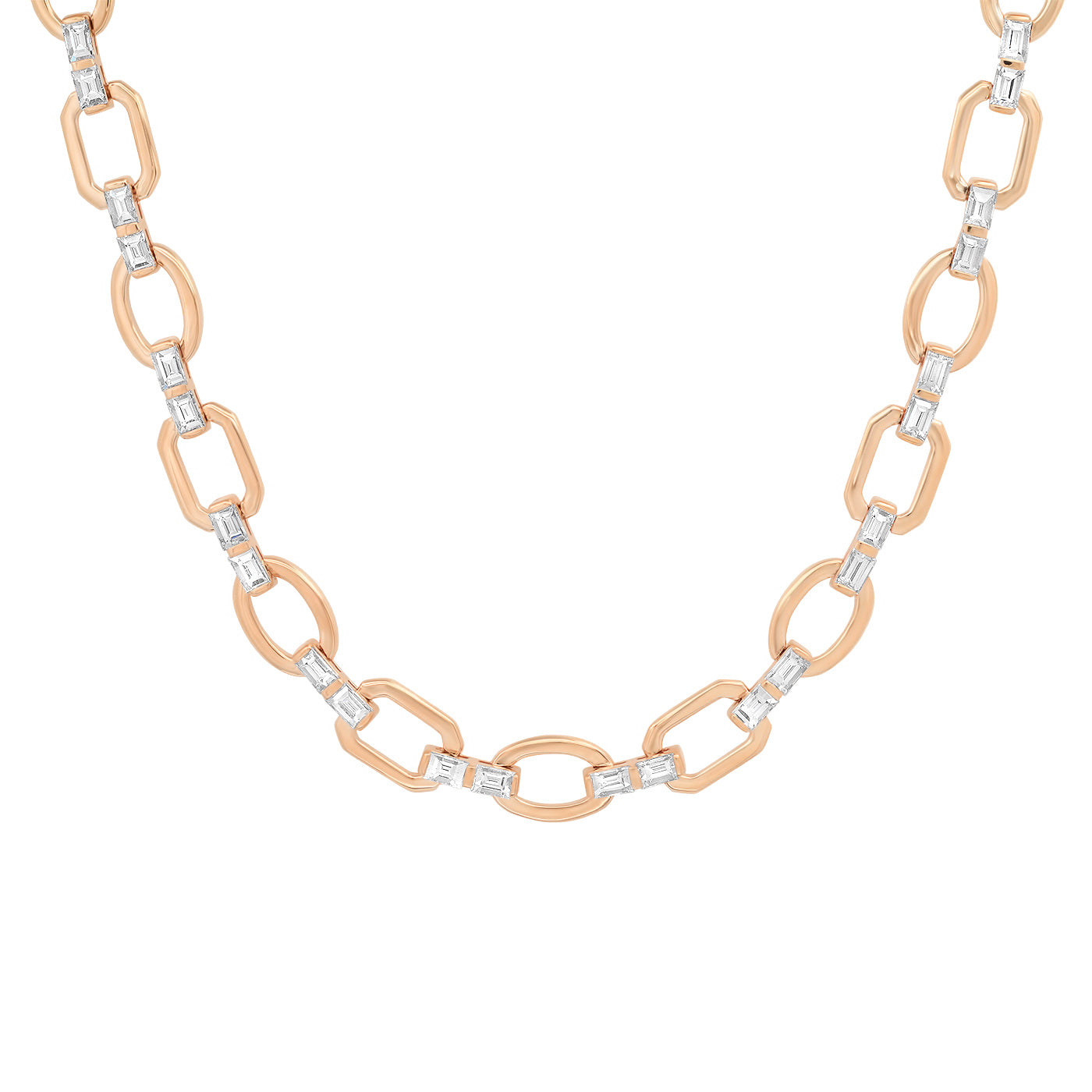14K Rose Gold Diamond Baguette Flat Link Necklace