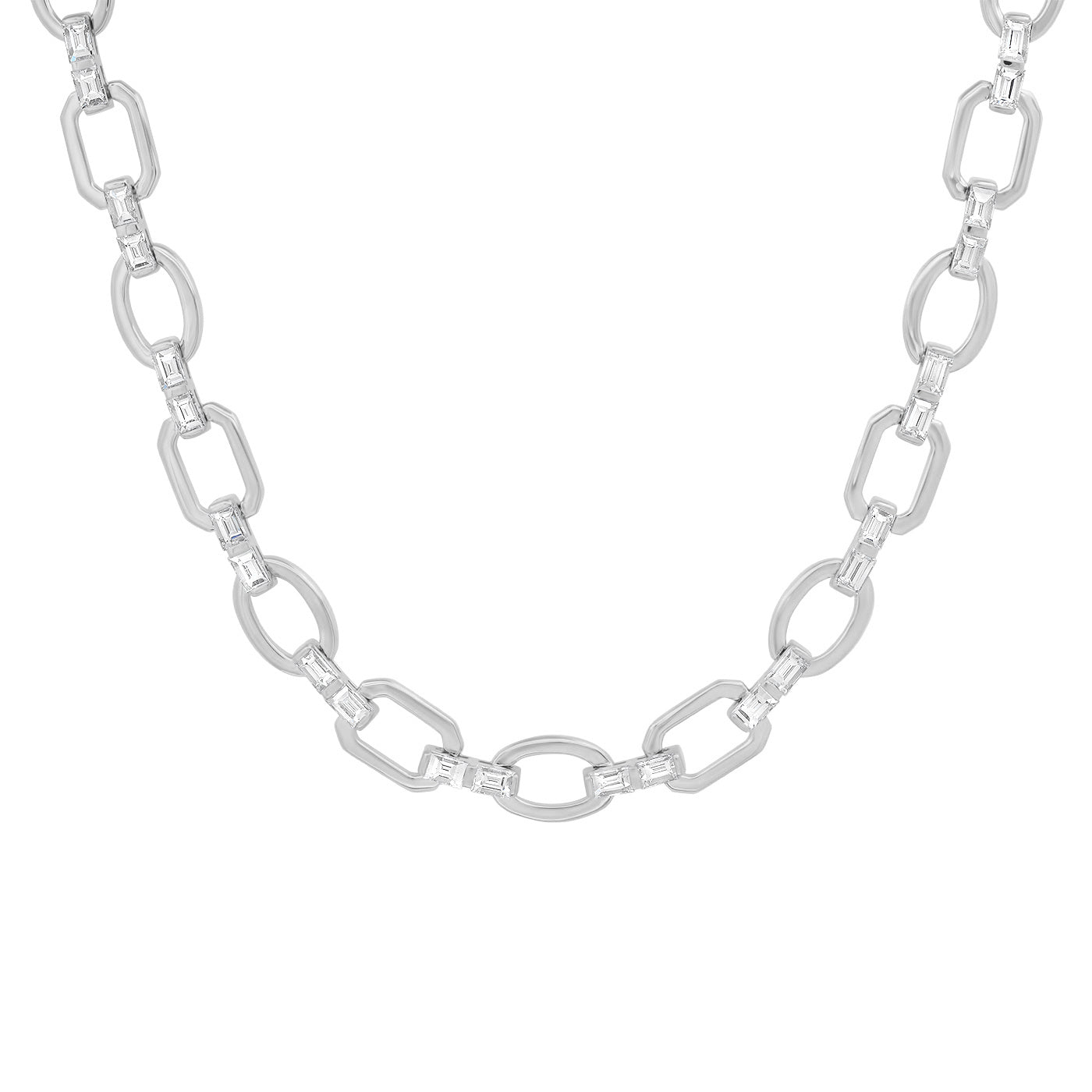 14K White Gold Diamond Baguette Flat Link Necklace