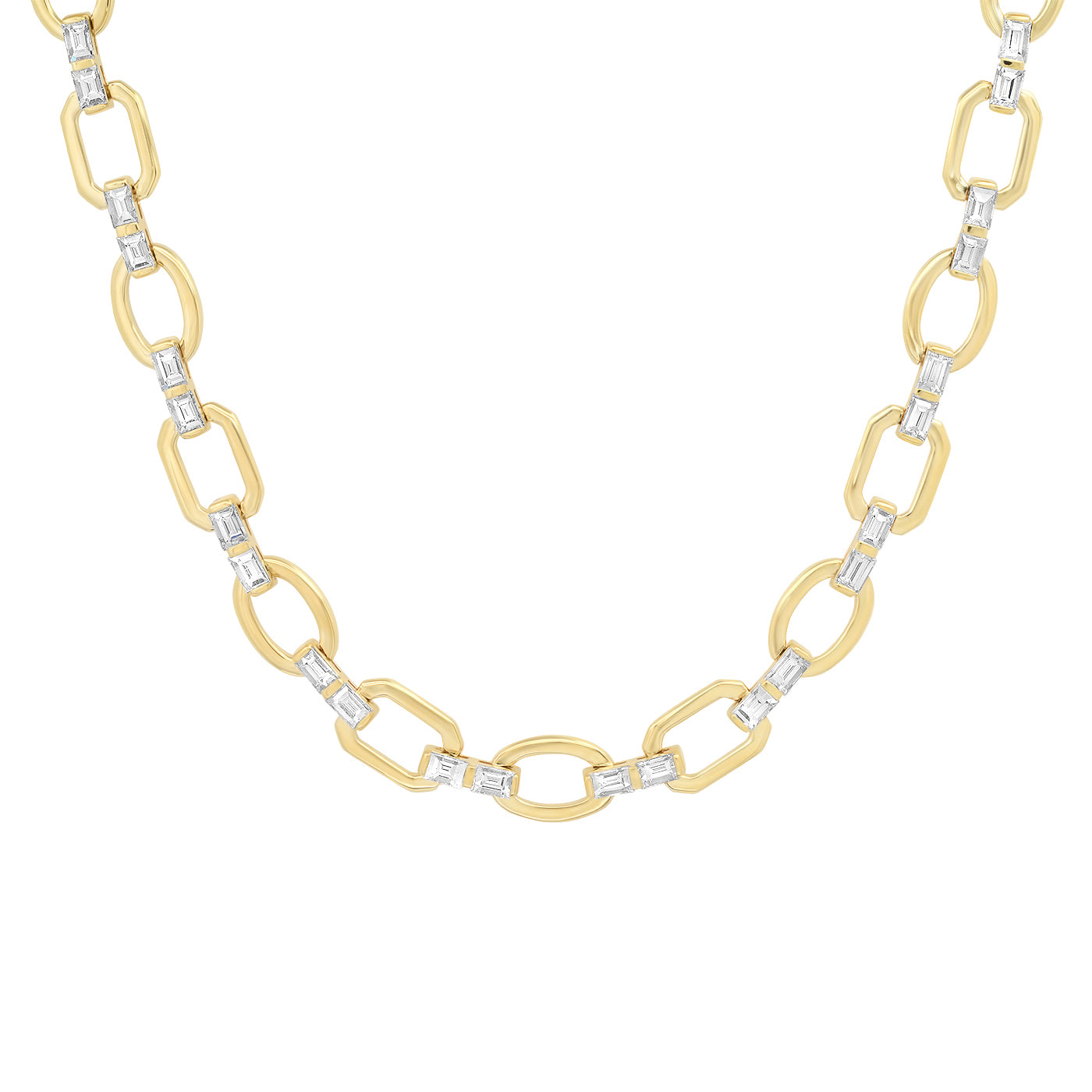 14K Yellow Gold Diamond Baguette Flat Link Necklace 