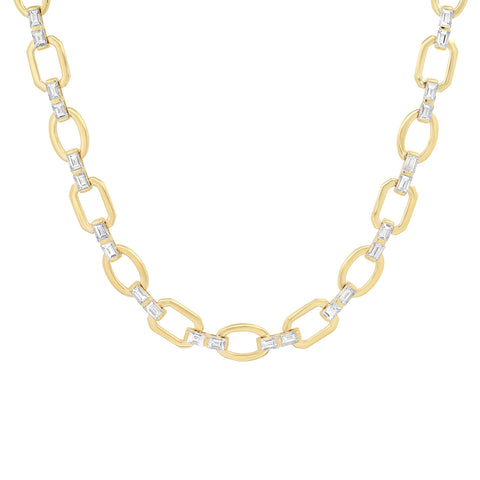 14K Yellow Gold Diamond Baguette Flat Link Necklace 