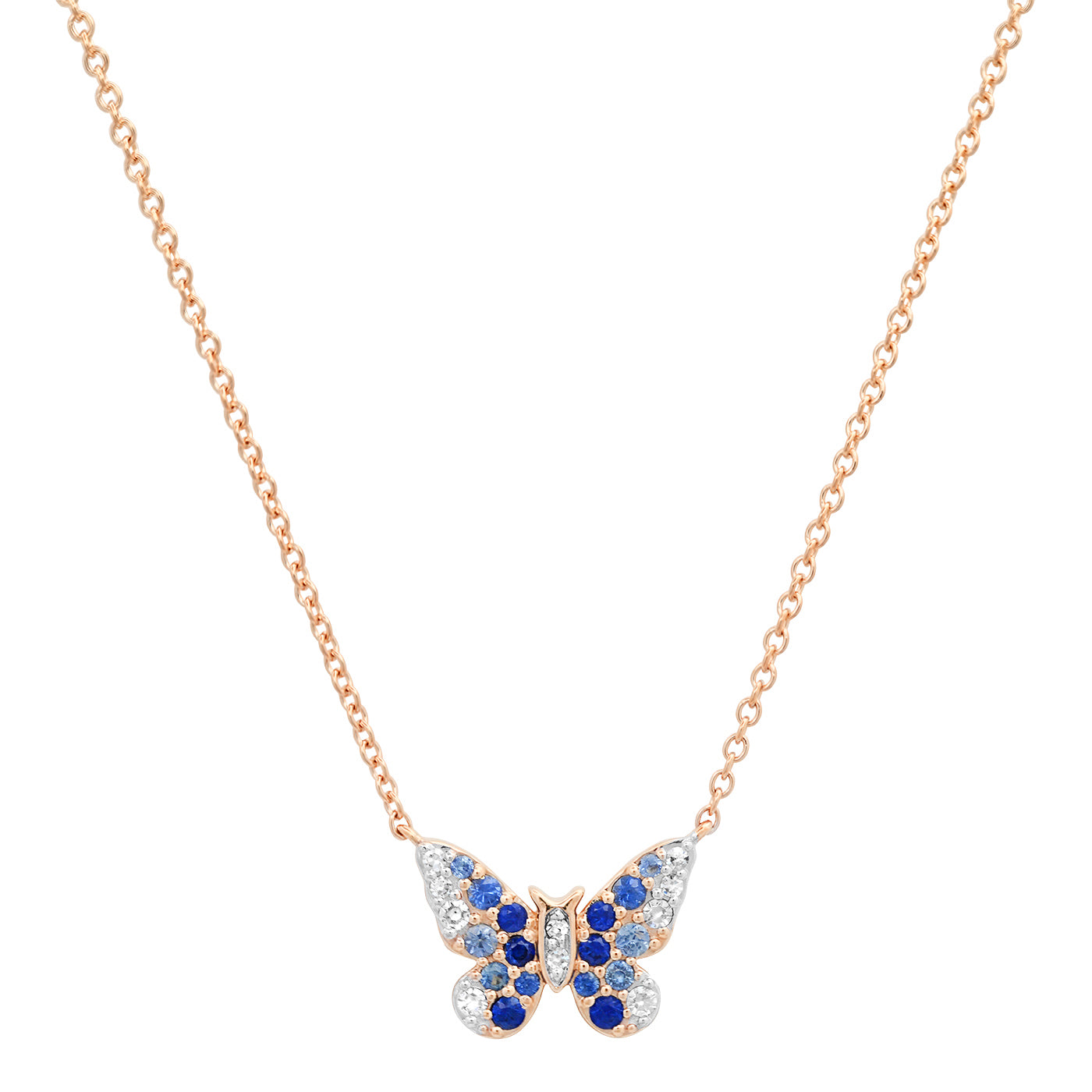 14K Rose Gold Mini Blue and Diamond Ombré Butterfly Necklace