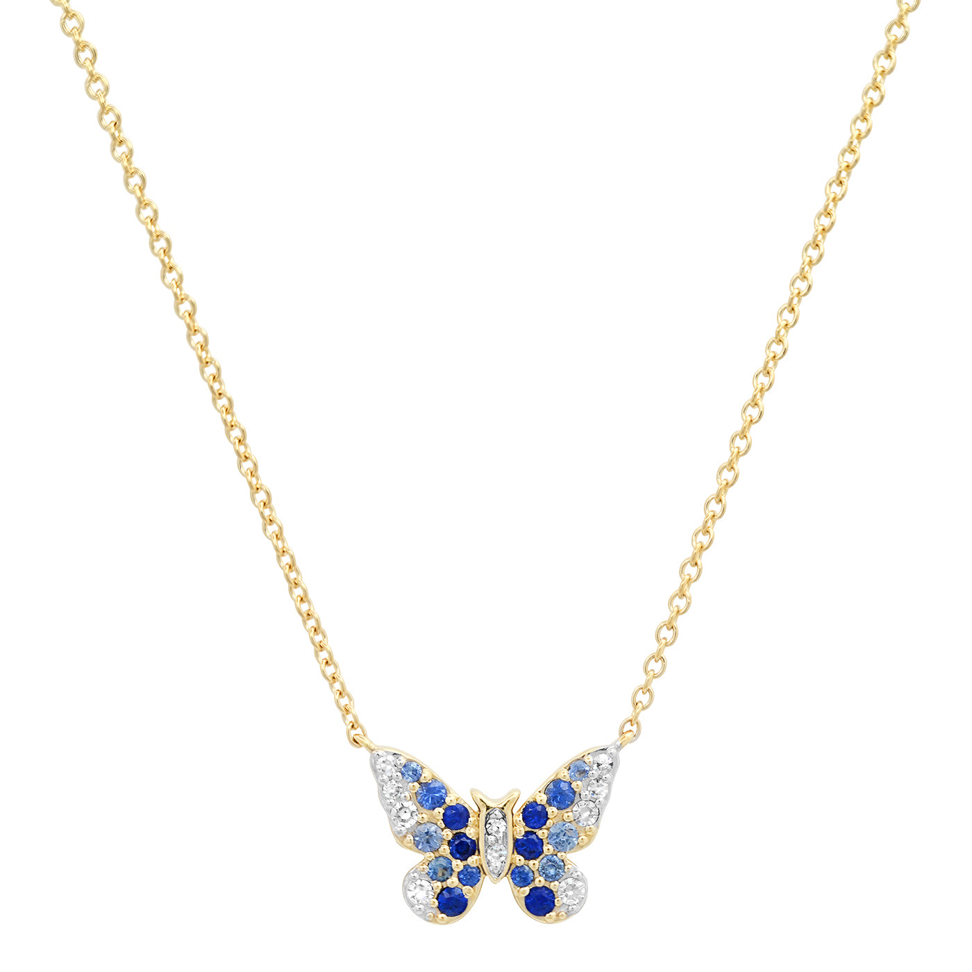 14K Yellow Gold Mini Blue and Diamond Ombré Butterfly Necklace