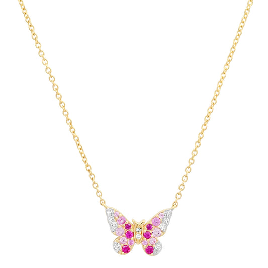 14K Yellow Gold Mini Pink and Diamond Ombré Butterfly Necklace