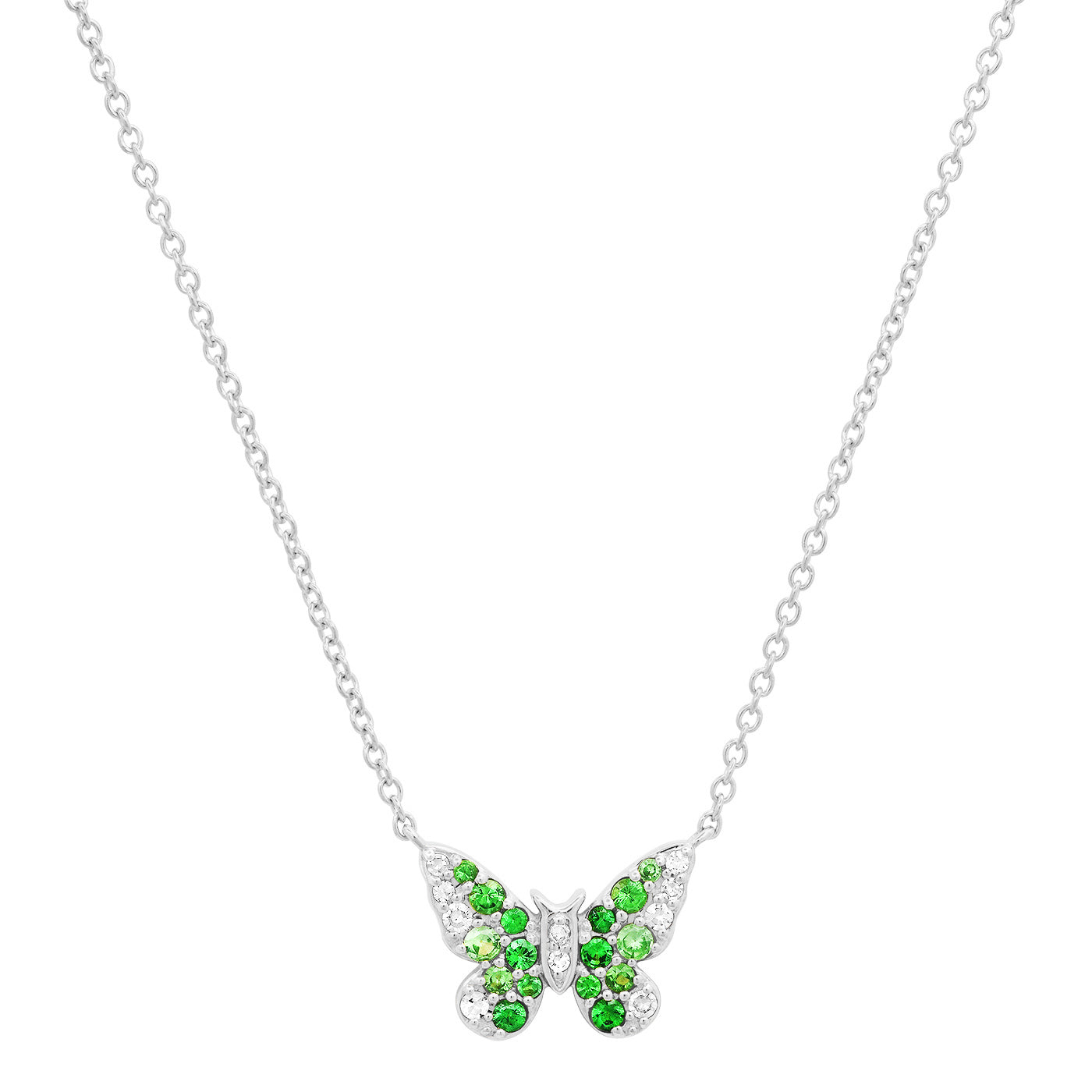 14K White Gold Mini Green and Diamond Ombré Butterfly Necklace