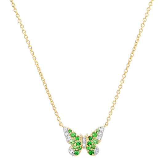 14K Yellow Gold Mini Green and Diamond Ombré Butterfly Necklace