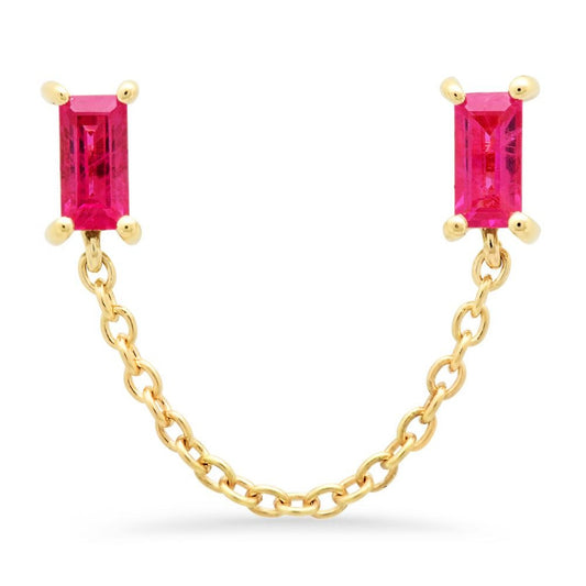 14K Yellow Gold Ruby Baguette Chain Stud
