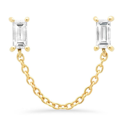 14K Yellow Gold Diamond Baguette Chain Stud