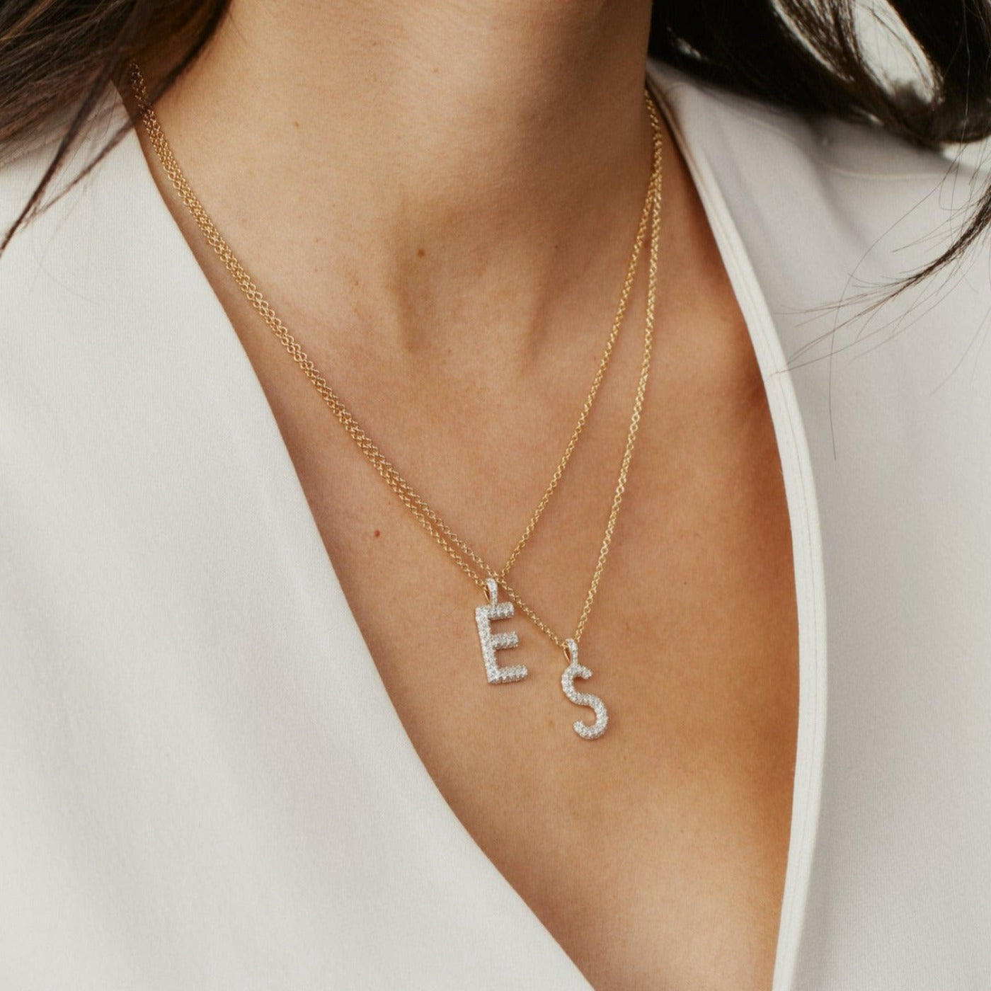 Initial Necklace, Letter V Diamond Pendant with 18k Yellow Gold Chain