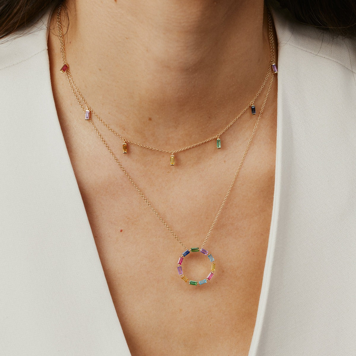 Multi Colored Baguette Circle Necklace