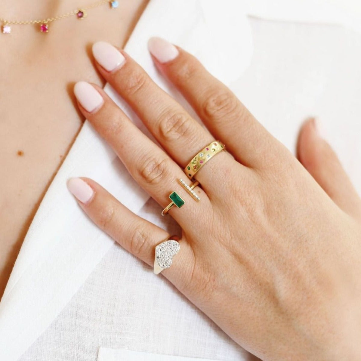 Open Emerald and Diamond Bar Ring