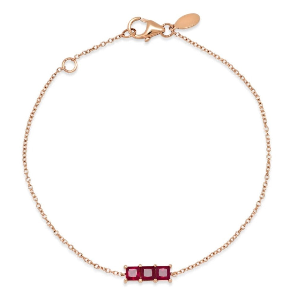 14K Rose Gold Triple Ruby Princess Cut Bracelet