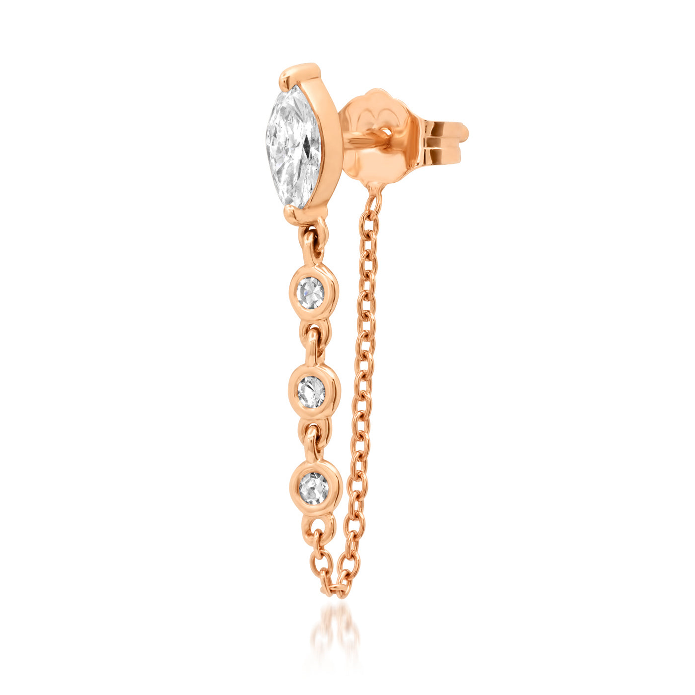 14K Rose Gold Single Marquise Stud with Diamond Chain