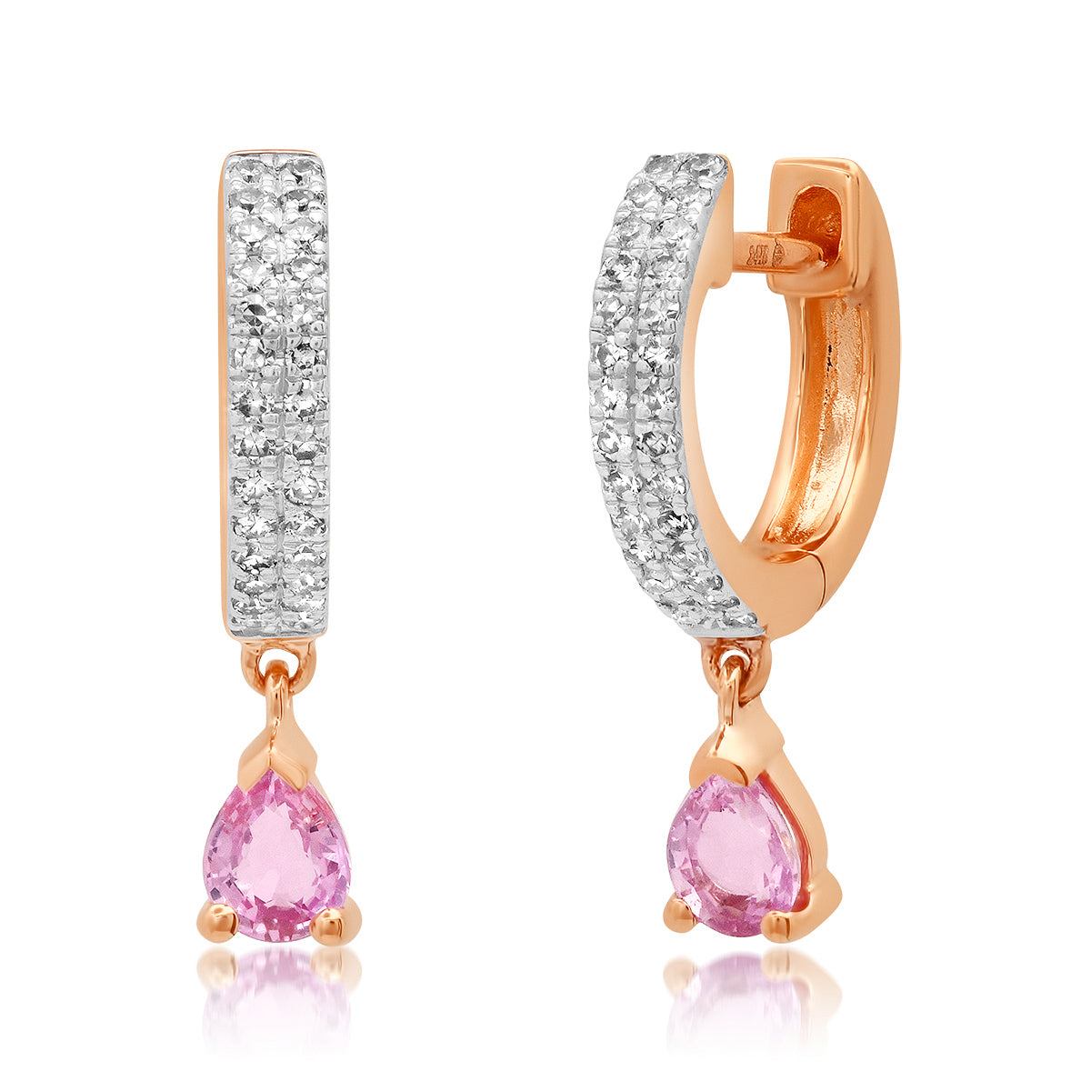 14K Rose Gold Diamond Huggies with Pink Sapphire Tear Drop