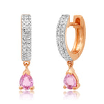 14K Rose Gold Diamond Huggies with Pink Sapphire Tear Drop