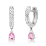 14K White Gold Diamond Huggies with Pink Sapphire Tear Drop
