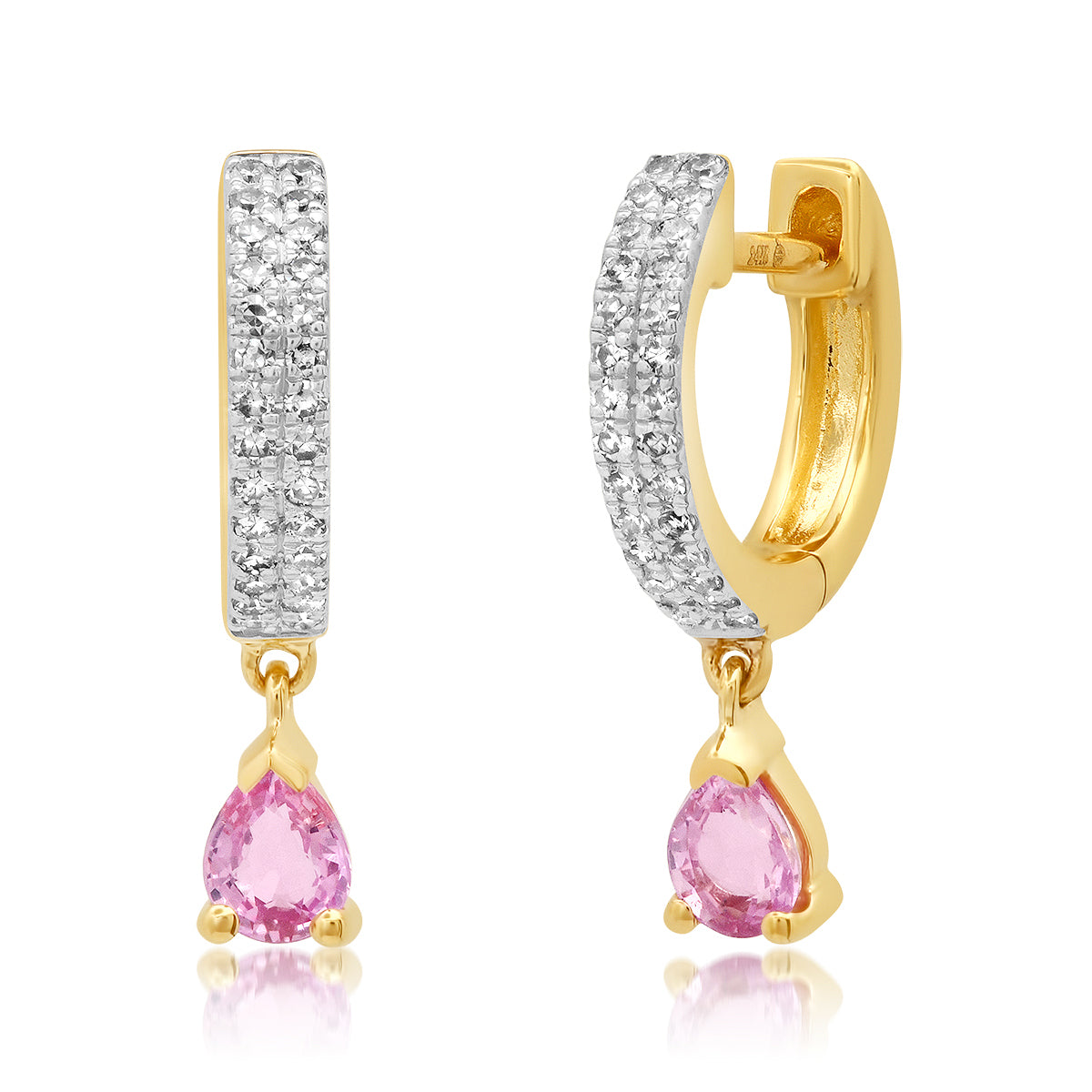 14K Yellow Gold Diamond Huggies with Pink Sapphire Tear Drop
