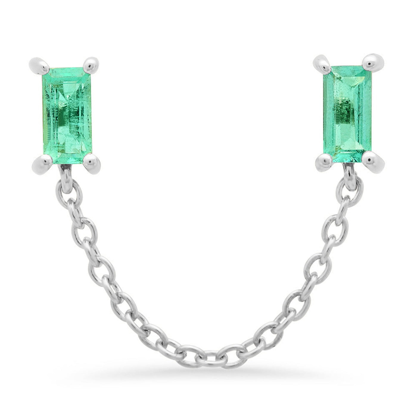 14K White Gold Emerald Baguette Chain Stud