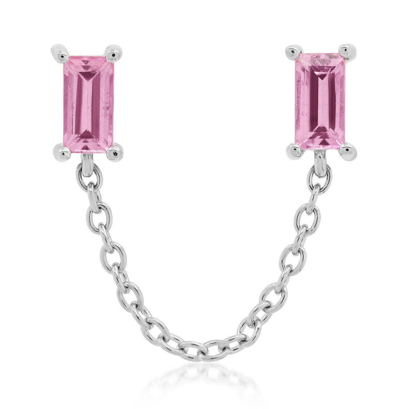 14K White Gold Pink Sapphire Baguette Chain Stud