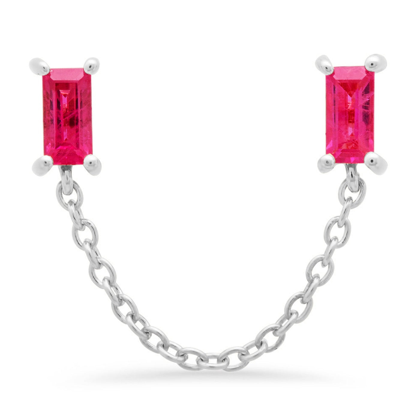 14K White Gold Ruby Baguette Chain Stud