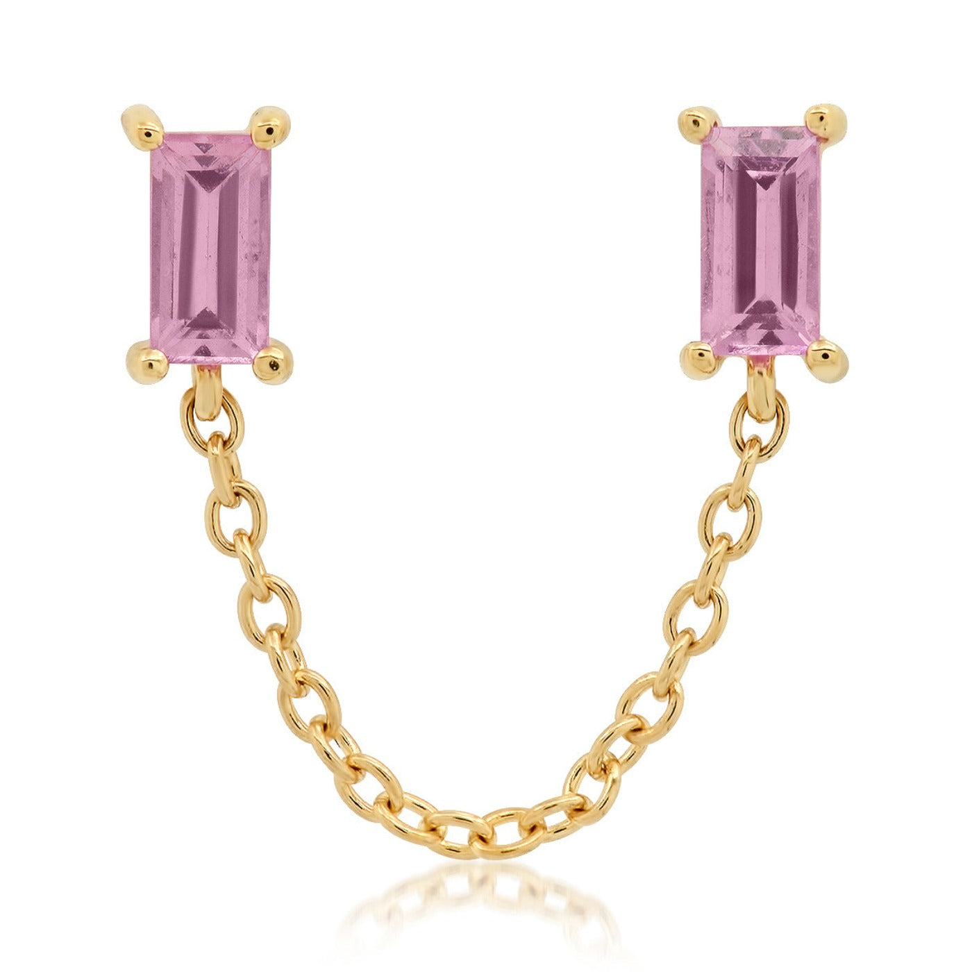 14K Yellow Gold Pink Sapphire Baguette Chain Stud