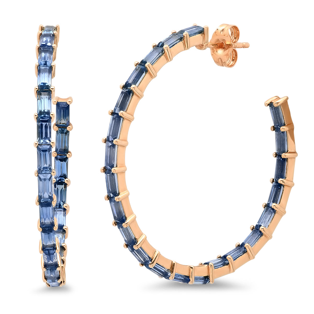 14K Rose Gold Blue Sapphire Baguette Hoops