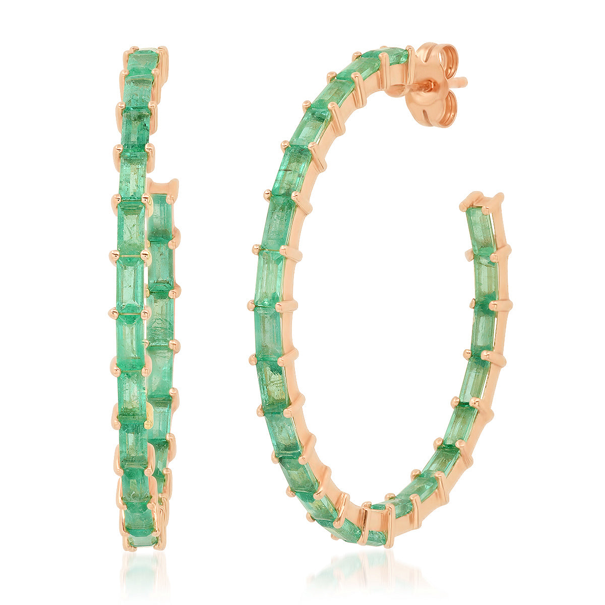 14K Rose Gold Emerald Baguette Hoops