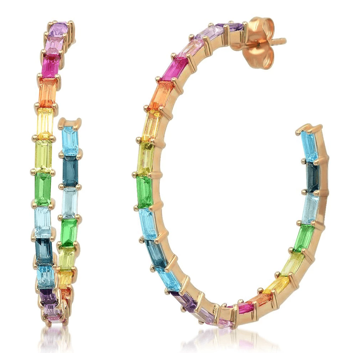 14K Rose Gold Rainbow Baguette Hoops