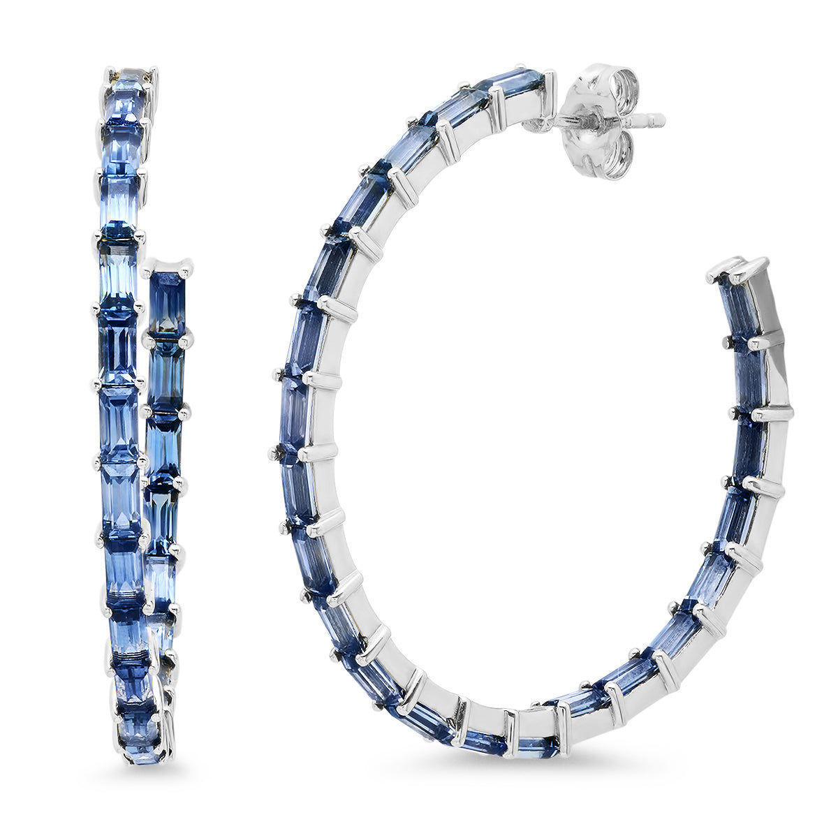 14K White Gold Blue Sapphire Baguette Hoops