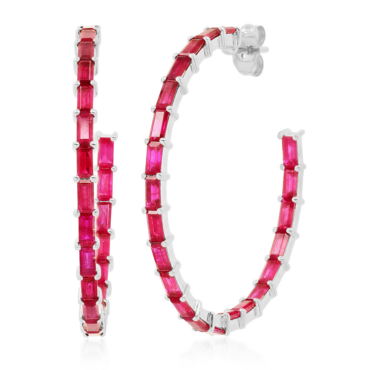 14K White Gold Ruby Baguette Hoops