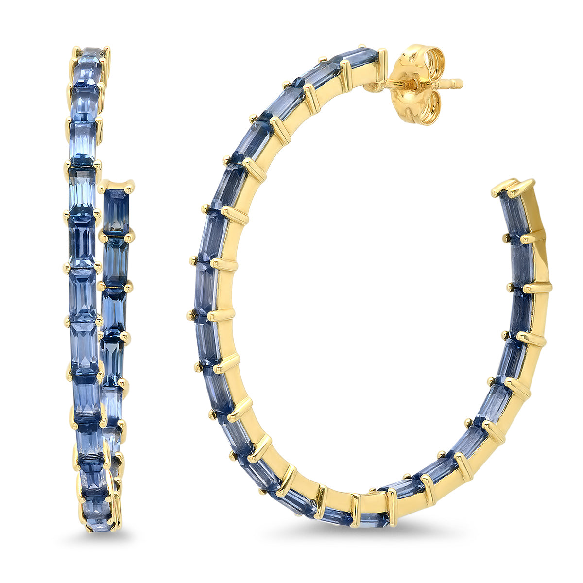 14K Yellow Gold Blue Sapphire Baguette Hoops