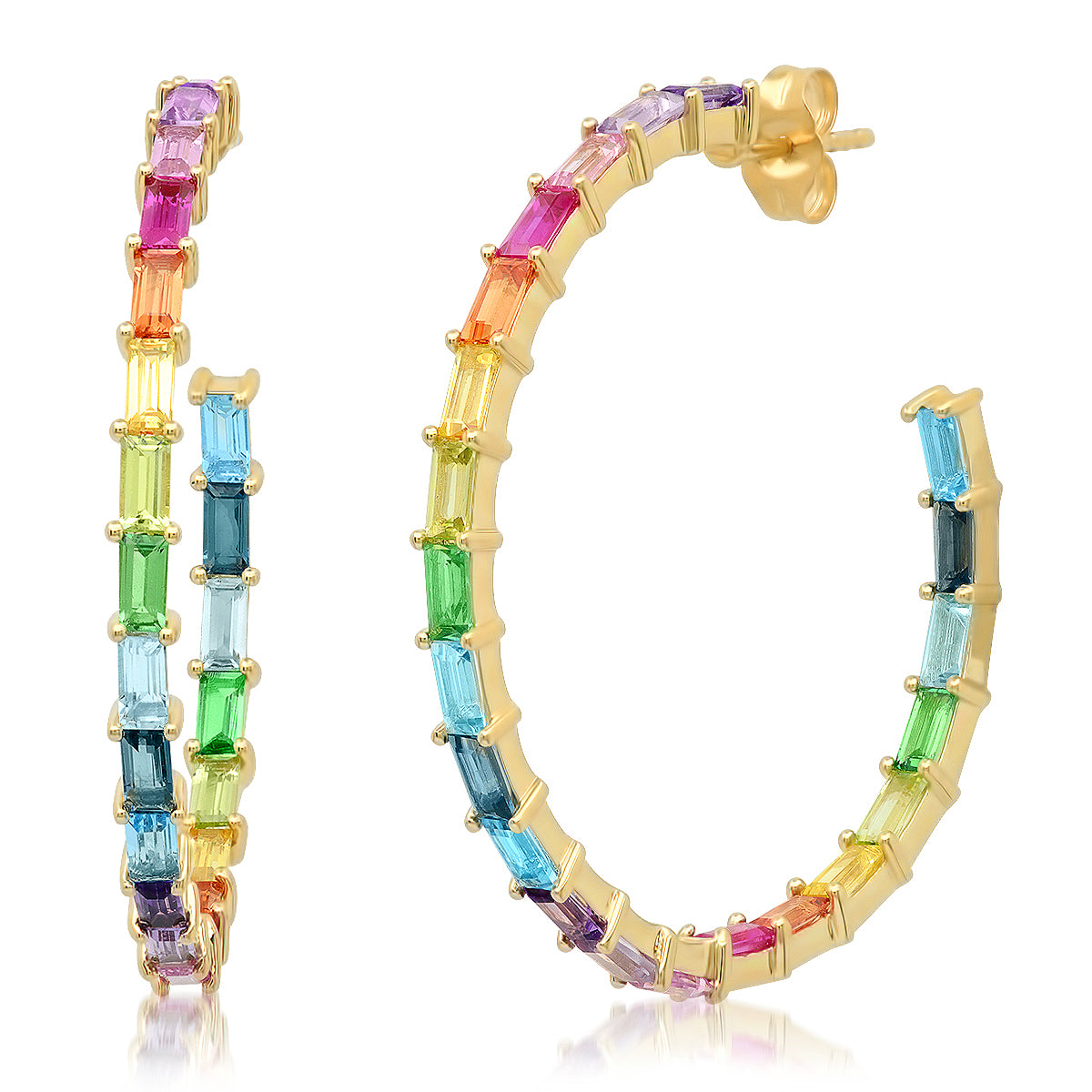 14K Yellow Gold Rainbow Baguette Hoops